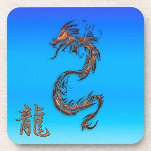 Dessous-de-verre Dragon chinois de cuivre sur des capuchons de bois