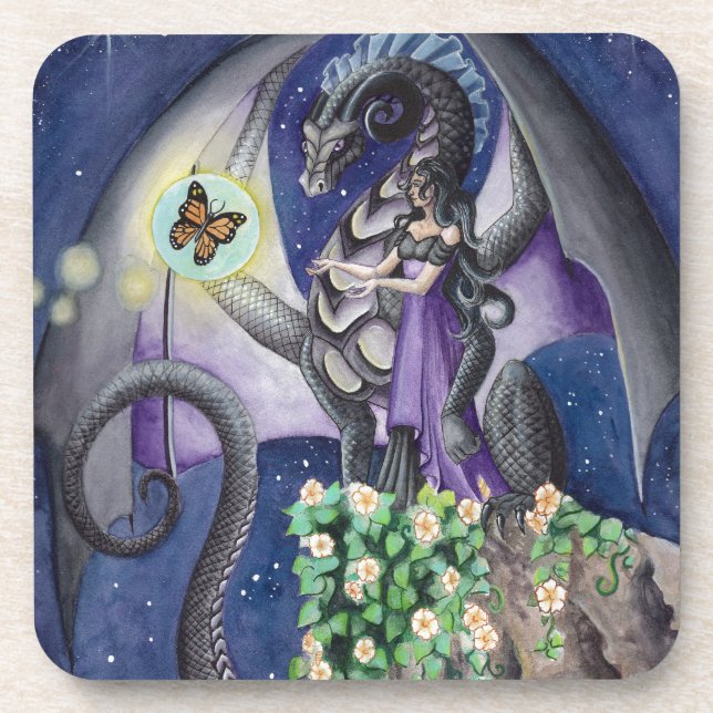Dessous-de-verre Dragon noir avec l'art de dragon de papillon (Devant)
