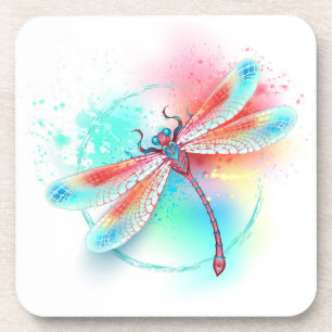 Dessous-de-verre Dragonfly rouge sur l'arrière - plan aquarelle