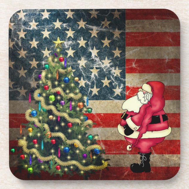 Dessous-de-verre Drapeau américain patriotique, Père Noël et Arbre  (Devant)