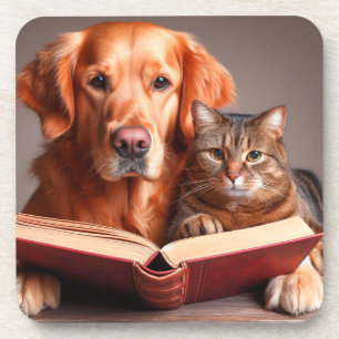 Dessous-de-verre drôle chat et chien lire un livre