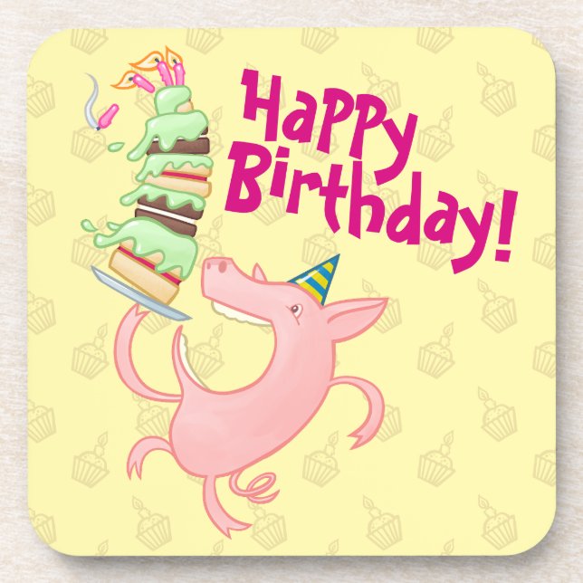 Dessous-de-verre Drôle Cochon Joyeux Anniversaire ! Carton de gâtea (Devant)