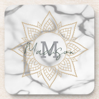 Dessous-de-verre Effet Gris et Marbre blanc Or Mandala Monogramme