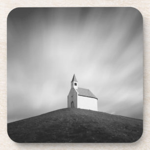 Dessous-de-verre Église sur une colline en noir et blanc
