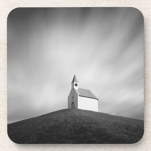 Dessous-de-verre Église sur une colline en noir et blanc (Devant)