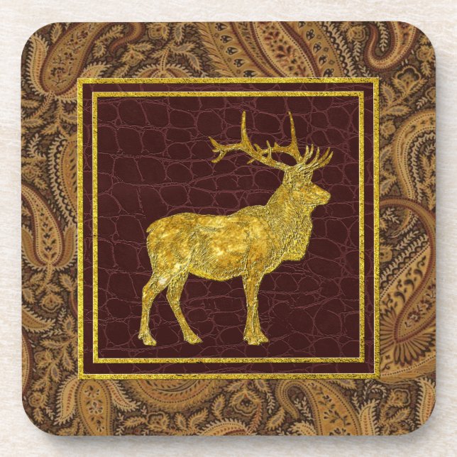 Dessous-de-verre Élans Paisley d'or et motifs en cuir (Devant)