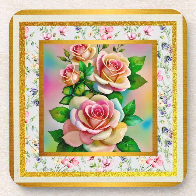 Dessous-de-verre Élégance Roses Rose et Jaune Aquarelle Pastel (Devant)