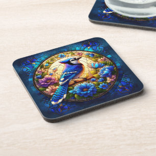 Dessous-de-verre Élégant Bleu Jay Vitrail de verre inspiré de la na