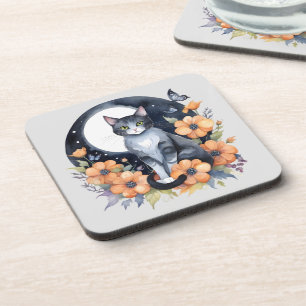 Dessous-de-verre Élégant Chat noir Floral Moon Art Amoureux des cha