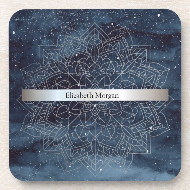 Dessous-de-verre Elégant moderne en argent Mandala Stripe Navy bleu (Devant)