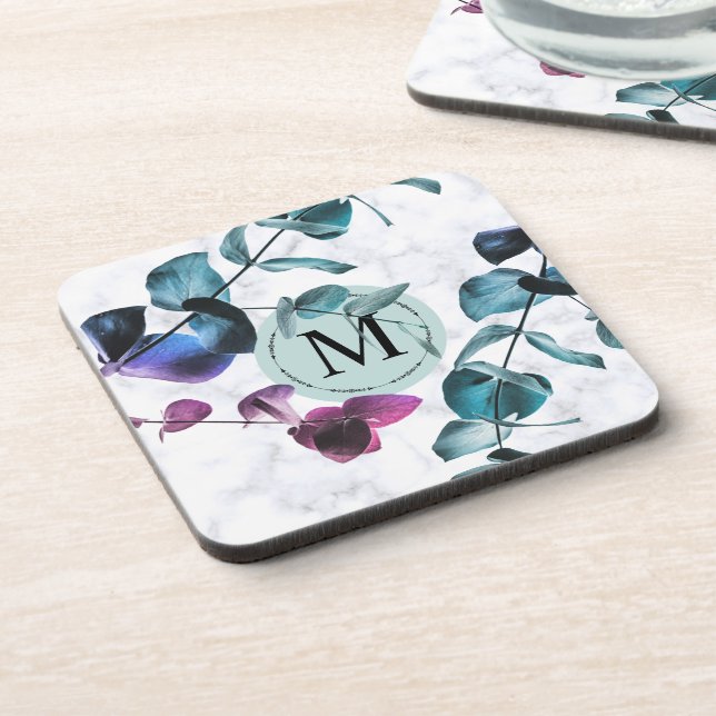 Dessous-de-verre Élégant monogramme du feuillage d'eucalyptus en ma (Côté gauche)