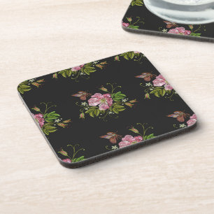 Dessous-de-verre Élégant Motif floral broderie Arrière - plan noir