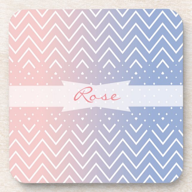 Dessous-de-verre Elégant quartz rose bleu pastel Chevron Nom (Devant)