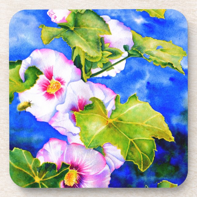 Dessous-de-verre Elégante aquarelle rose fleurs florales Hollyhocks (Devant)