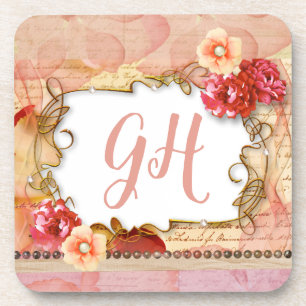 Dessous-de-verre Élégante Pêche Romantique Rose Floral Monogramme