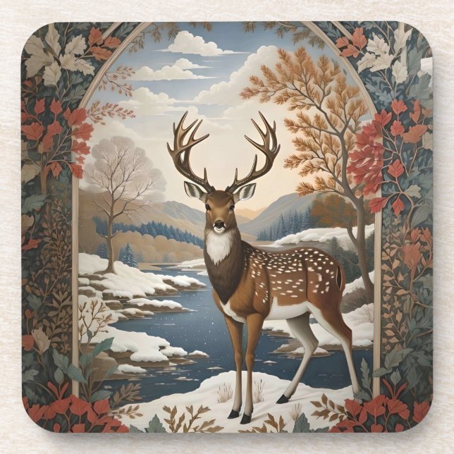 Dessous-de-verre Élégante scène hivernale de cerfs (Devant)