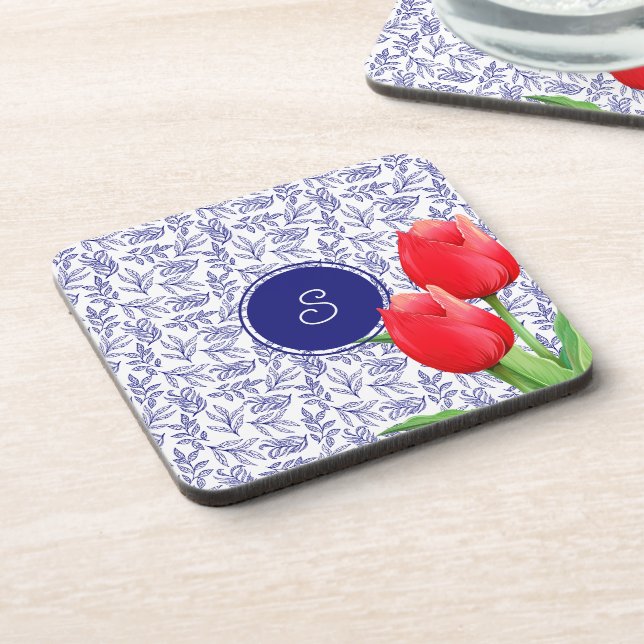 Dessous-de-verre Élégantes Tulipes Rouges Printemps Floral Blue Mon (Côté gauche)