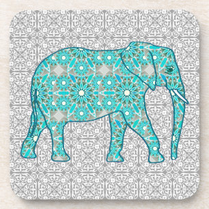 Dessous-de-verre Eléphant fleur Mandala - turquoise, gris & blanc