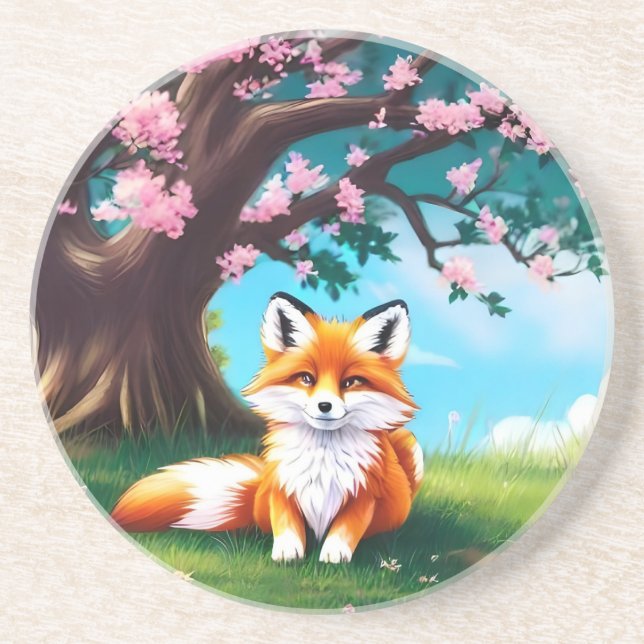 Dessous De Verre En Grès Adorable Renard assis sous l'arbre (Devant)