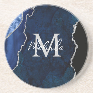 Dessous De Verre En Grès Agate Marbré Bleu Nuit et Argent