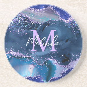 Dessous De Verre En Grès Agate Océan Pailleté Bleu Foncé et Violet