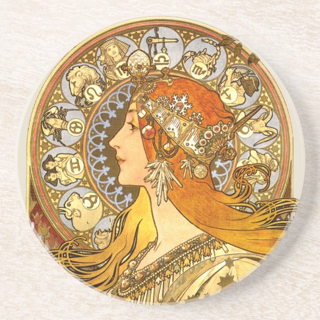 Dessous De Verre En Grès Alfonse Mucha Zodiac Art nouveau femme (Devant)