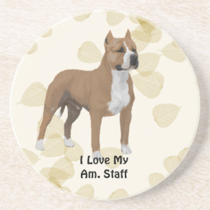 Dessous De Verre En Grès American Staffordshire Terrier ~ Motif Feuilles Ta
