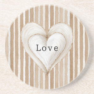 Dessous De Verre En Grès Amour Brun Rayures Coeur Crème Romantique
