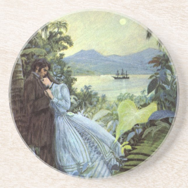 Dessous De Verre En Grès Amour et Romance Vintage, Vue Tropicale Romantique (Devant)