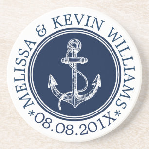 Dessous De Verre En Grès Ancre nautique bleu foncé et blanc