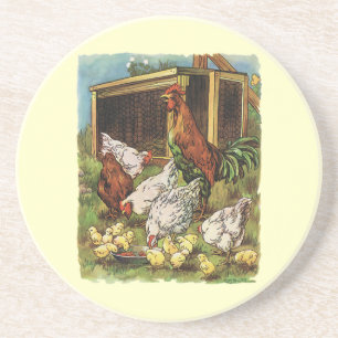 Dessous De Verre En Grès Animaux de ferme vintage, coq, poules, poulets
