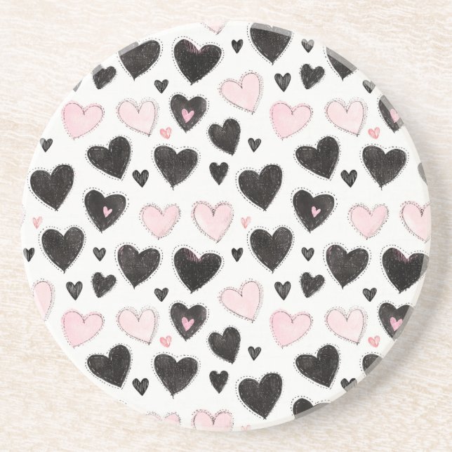 Dessous De Verre En Grès Anniversaire Pink Black Hearts (Devant)