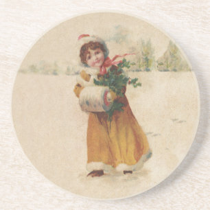 Dessous De Verre En Grès Antique Fille de Noël Enfant d'hiver