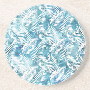 Dessous De Verre En Grès Aqua Bleu Blanc Feuilles tropicaux