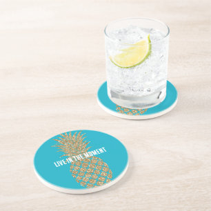 Dessous De Verre En Grès Aqua Blue Gold Parties scintillant Ananas tropical