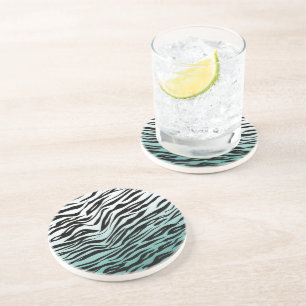 Dessous De Verre En Grès Aqua Mint Black Zebra Print Ombre