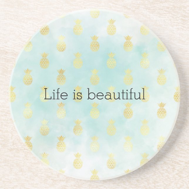 Dessous De Verre En Grès Aqua White Gold Tropical Glam Pineapples (Devant)