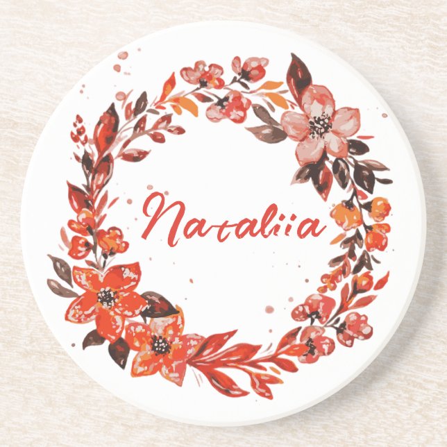 Dessous De Verre En Grès Aquarelle Automne Florales Nom personnalisé (Devant)