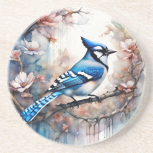 Dessous De Verre En Grès Aquarelle bleu Jay Cherry Blossoms