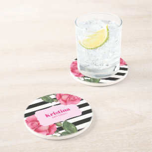 Dessous De Verre En Grès Aquarelle Chic Roses Roses Roses Roses Noir Blancs