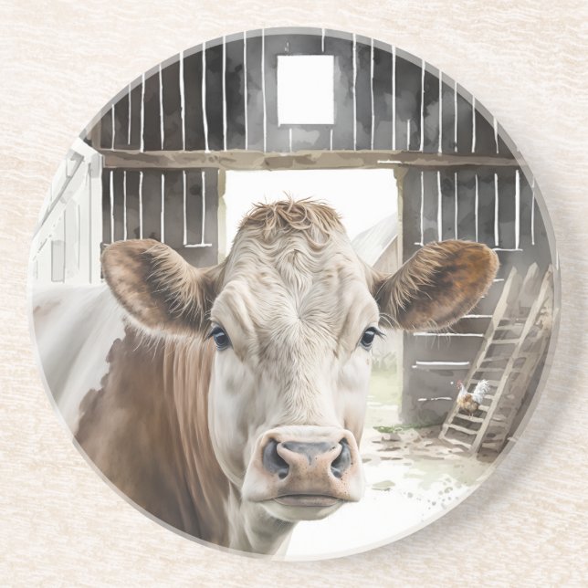 Dessous De Verre En Grès Aquarelle Hereford Vache dans la grange (Devant)