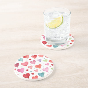 Dessous De Verre En Grès Aquarelle moderne Rouge rose bleu Motif de coeur