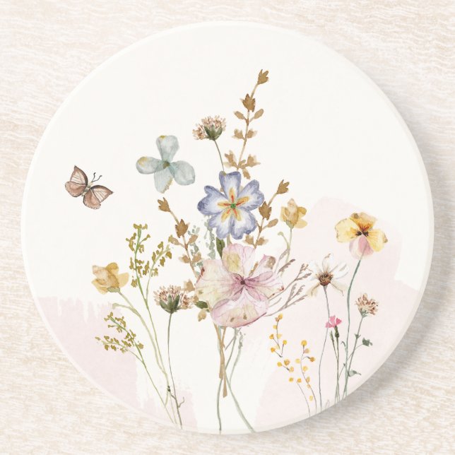 Dessous De Verre En Grès Aquarelle Rose pressé et séché Fleurs sauvages (Devant)