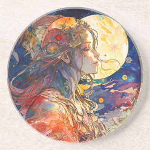 Dessous De Verre En Grès Aquarelle vibrante de Fille et Lune