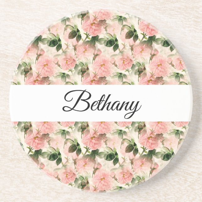 Dessous De Verre En Grès Aquarelle Vintage Rose Motif de fleurs Monogramme (Devant)