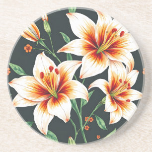 Dessous De Verre En Grès Aquarelle vive Lys Motif en blanc