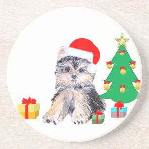 Dessous De Verre En Grès Arbre de Noël, Chien chiot du Yorkshire & cadeaux