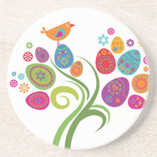 Dessous De Verre En Grès Arbre de Pâques avec les oeufs et les fleurs