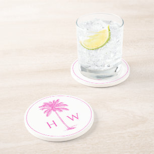 Dessous De Verre En Grès Arbre Palmetto Rose et Blanc Monogramme