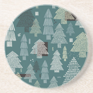 Dessous De Verre En Grès Arbres d'hiver, motif vintage de Noël.